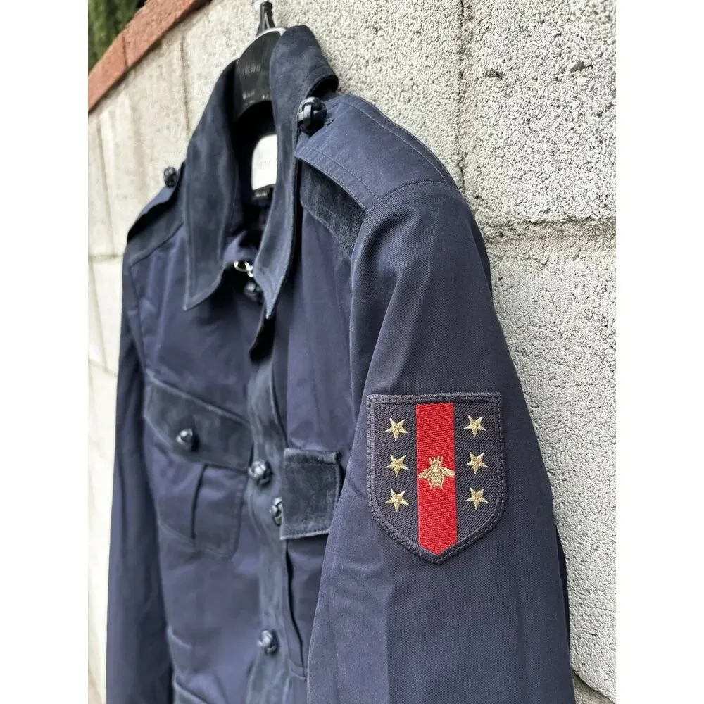 GUCCI Cotton Blend Leather Washed Gabardine Jacket Blue Sz 48 US 38
